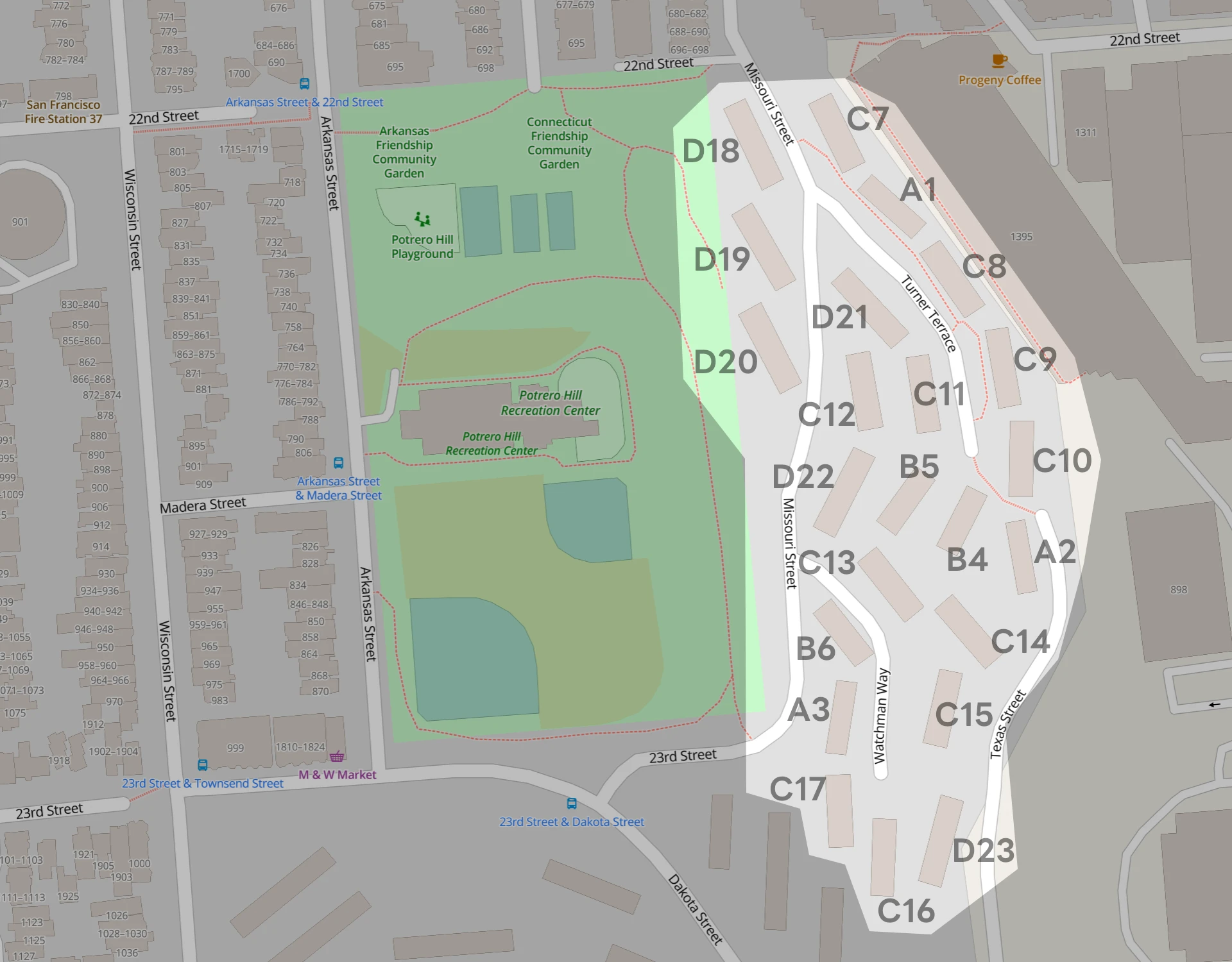A map of the Potrero Annex demolition. A construction crew has spray painted letter/number combinations on buildings which are reproduced here.